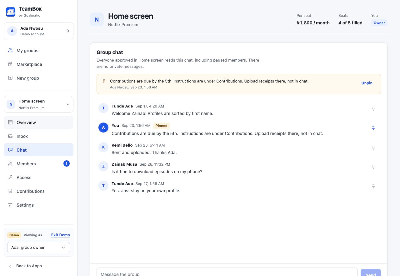 TeamBox group chat with fictional messages and a pinned announcement.