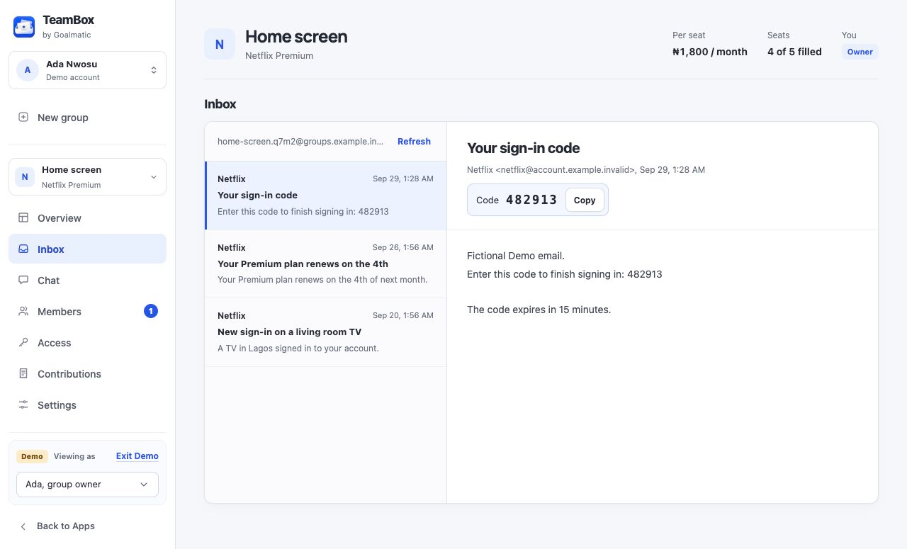 TeamBox group inbox with a fictional subscription sign-in code.