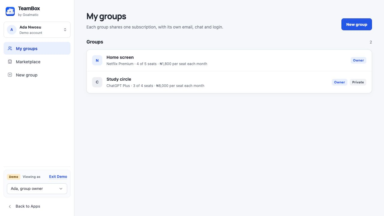 TeamBox My groups page with sample subscription groups and the updated account menu.