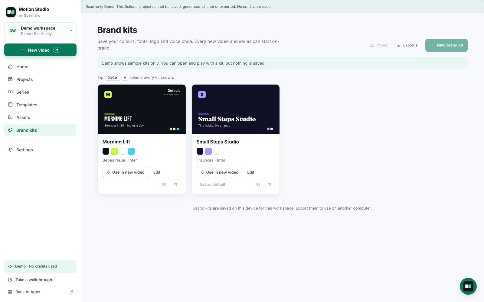 Brand kits page with two sample kits showing their colours and fonts