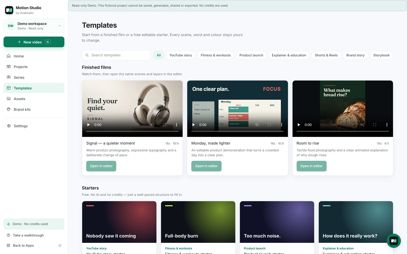 Templates page with three finished films and a row of free starters