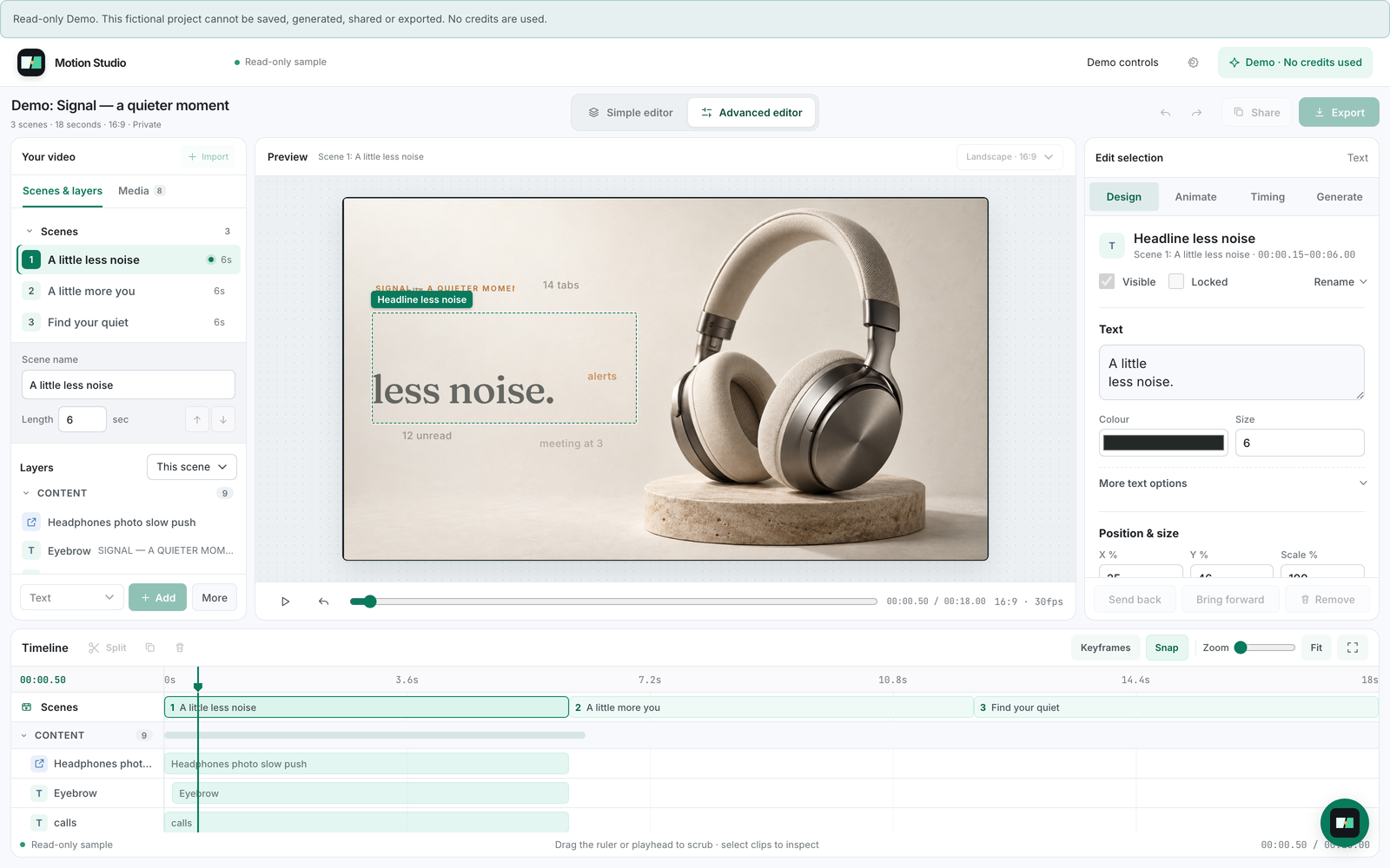 Advanced editor with scenes and layers, a selected headline in the preview, design controls and a timeline