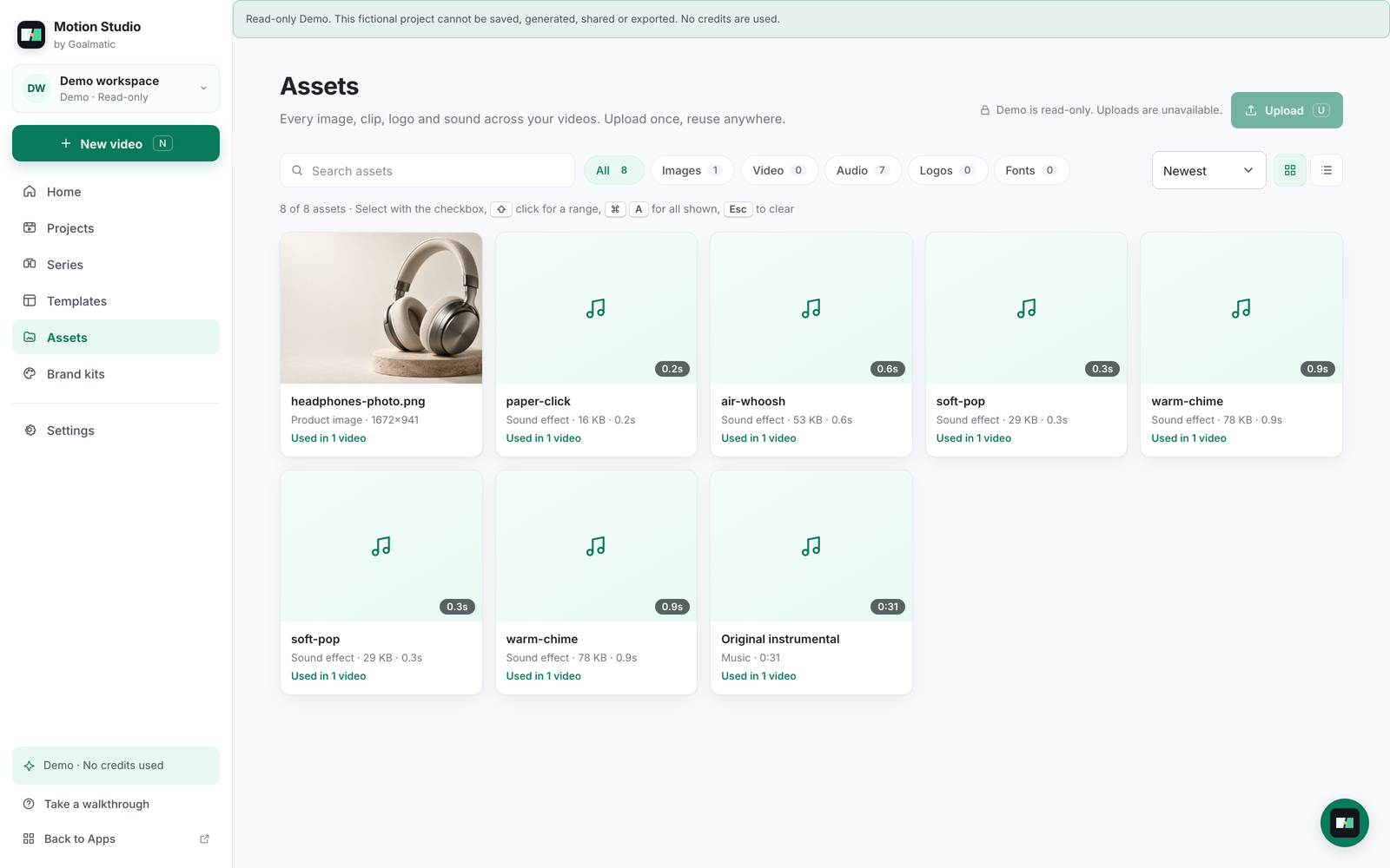 Assets page listing a product photo, sound effects and music used in a video
