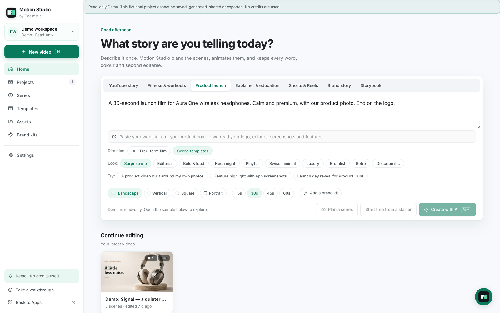 Motion Studio home screen with a brief typed for a product launch video, format and length choices and the Create with AI button