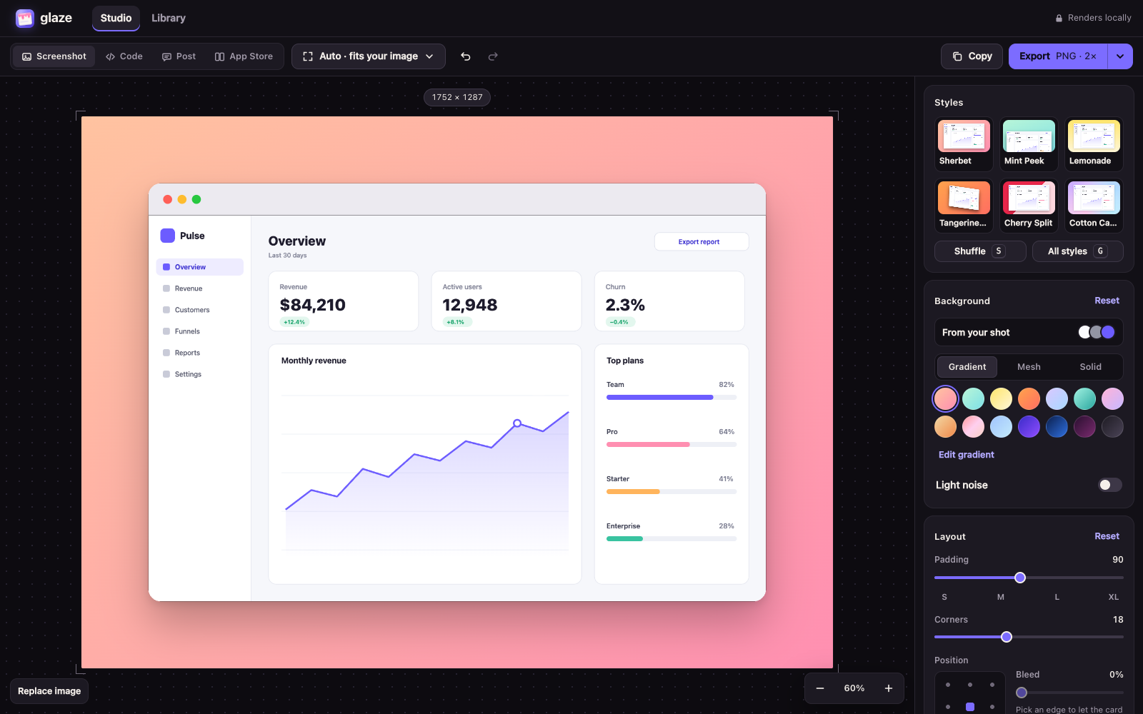 Glaze Studio styling a dashboard screenshot in a macOS window on a peach gradient