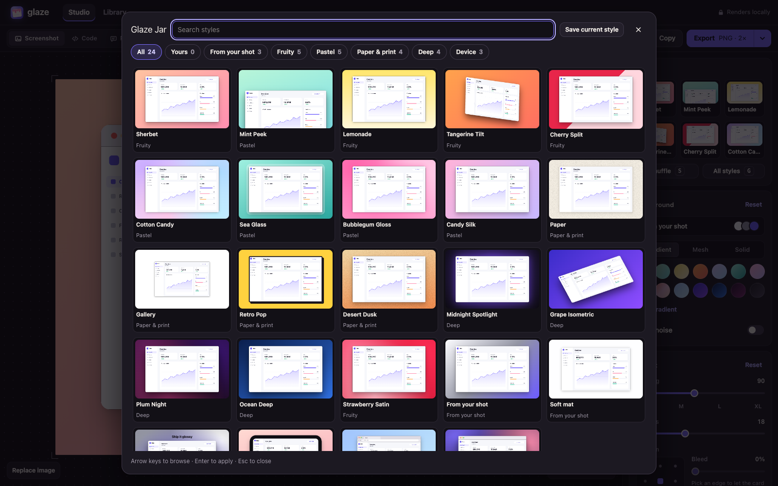The Glaze Jar: a grid of 24 built-in styles with category filters
