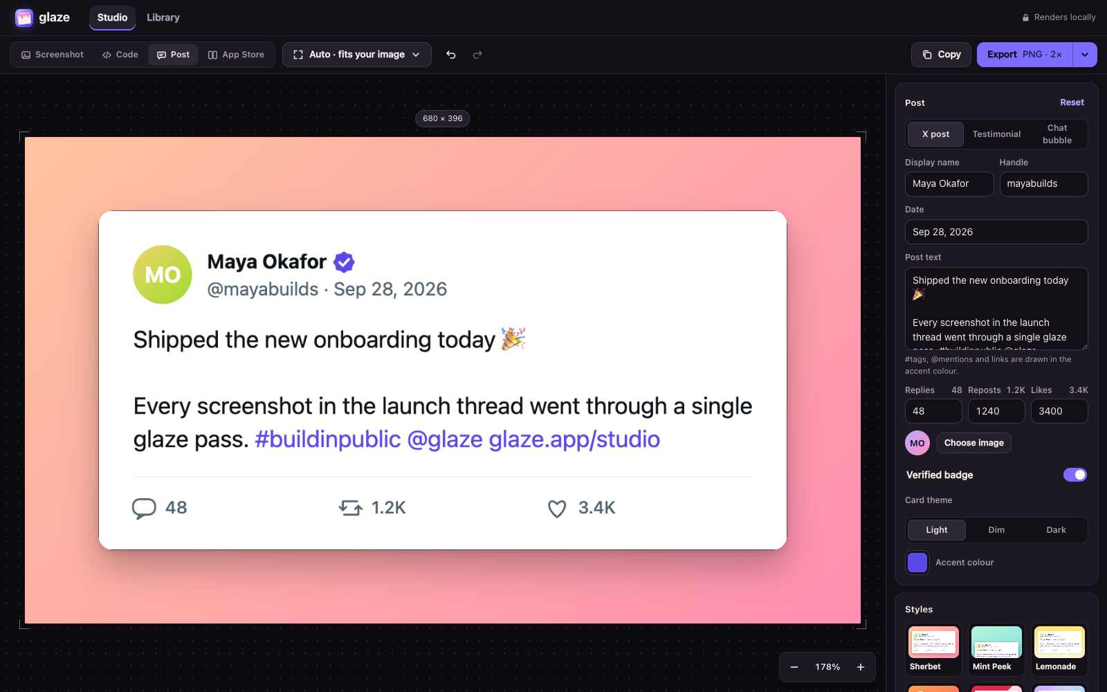 A post card with avatar, text and engagement counts