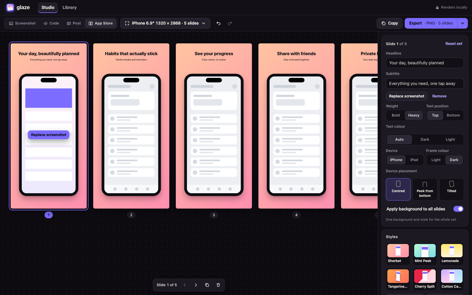 A row of five App Store slides with headlines and phone frames