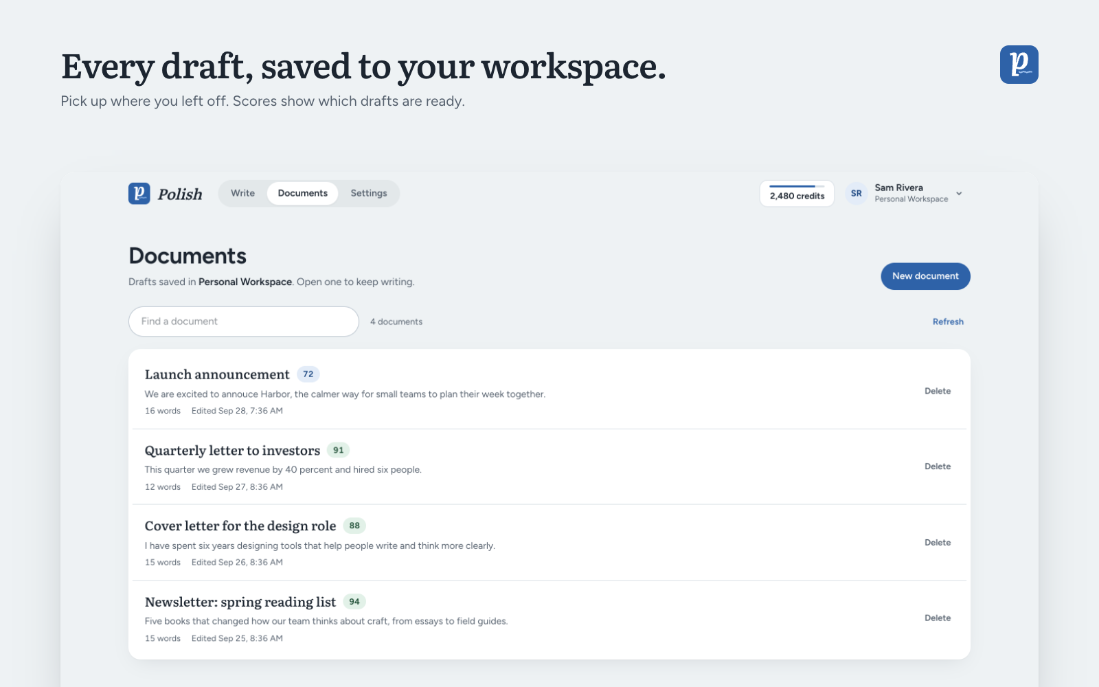 Saved documents with writing scores