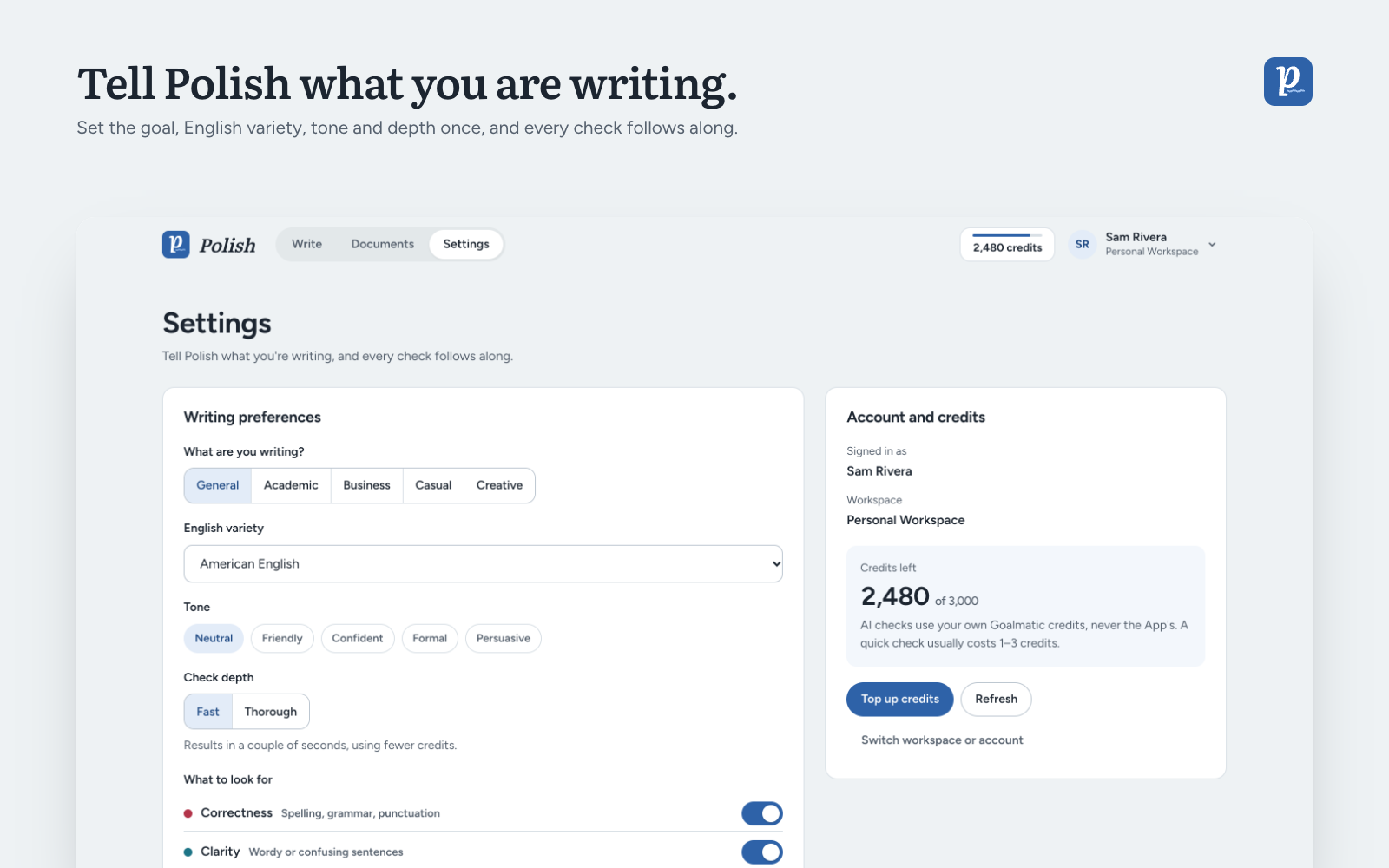 Writing preferences: goal, English variety, tone and check depth