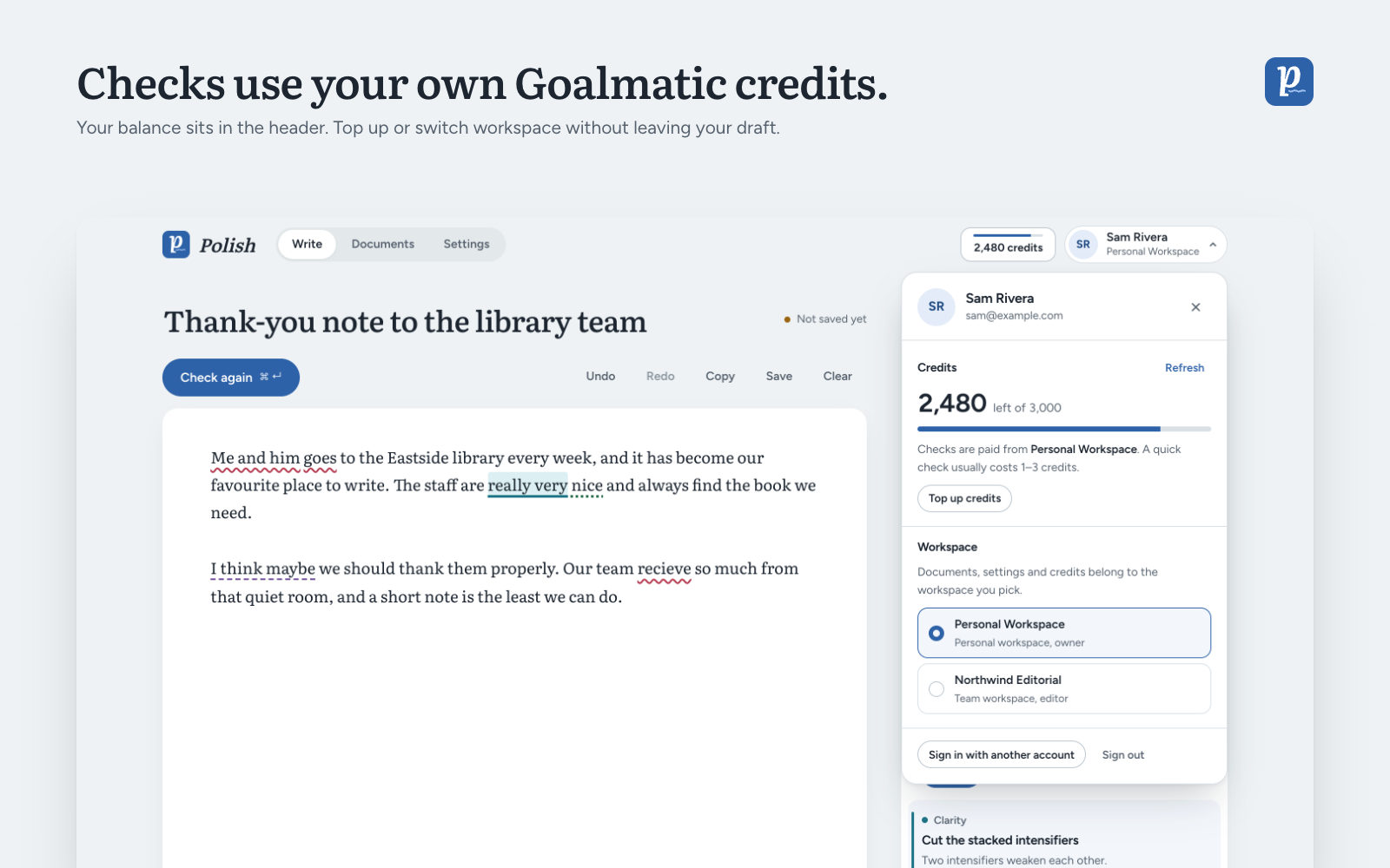 Account panel showing credits left and workspaces