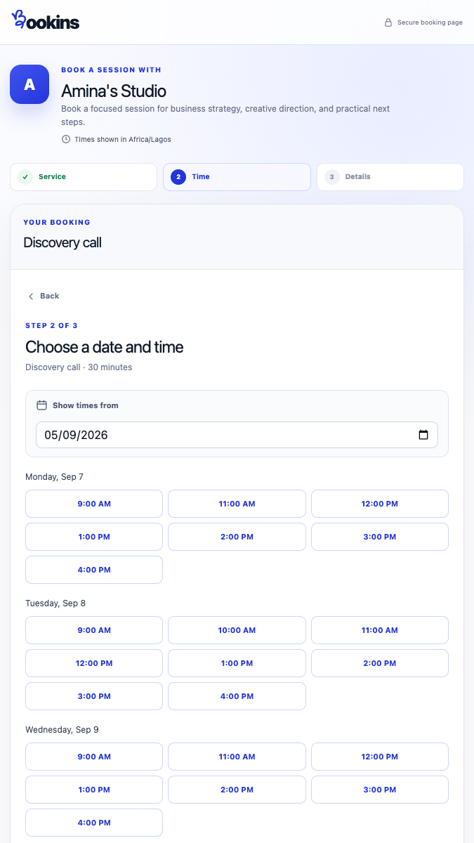 Mobile Bookins booking page showing available time slots
