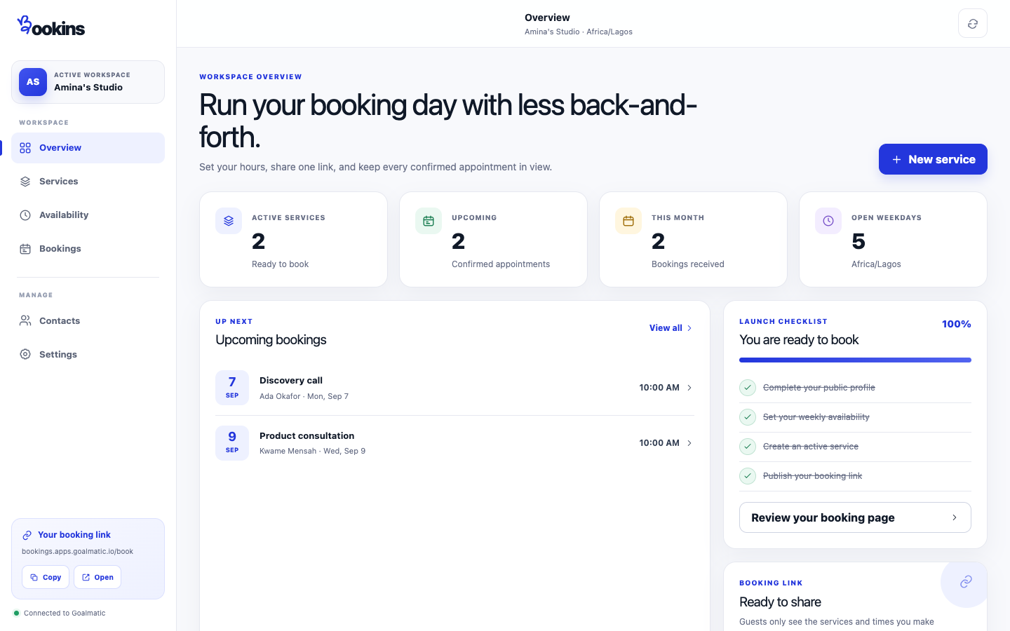 Bookins dashboard with services, upcoming bookings, and setup progress