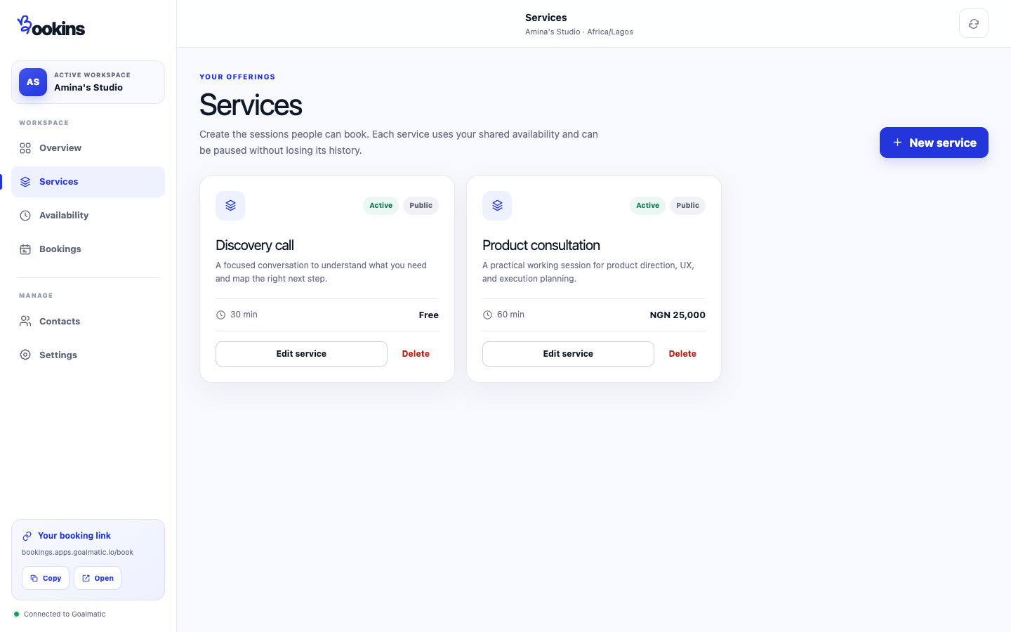 Bookins services screen with duration, visibility, and pricing