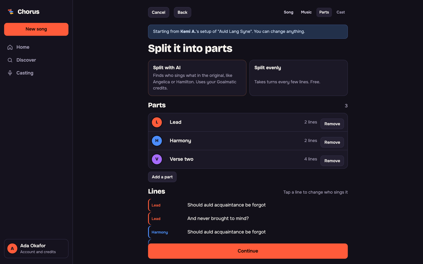 Splitting a song into parts, with Split with AI and Split evenly