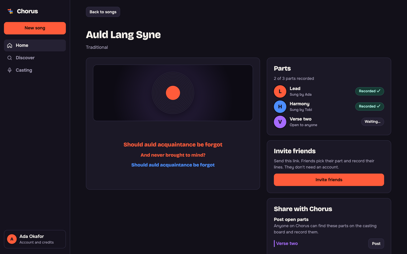 A song studio with parts, singers and the invite button