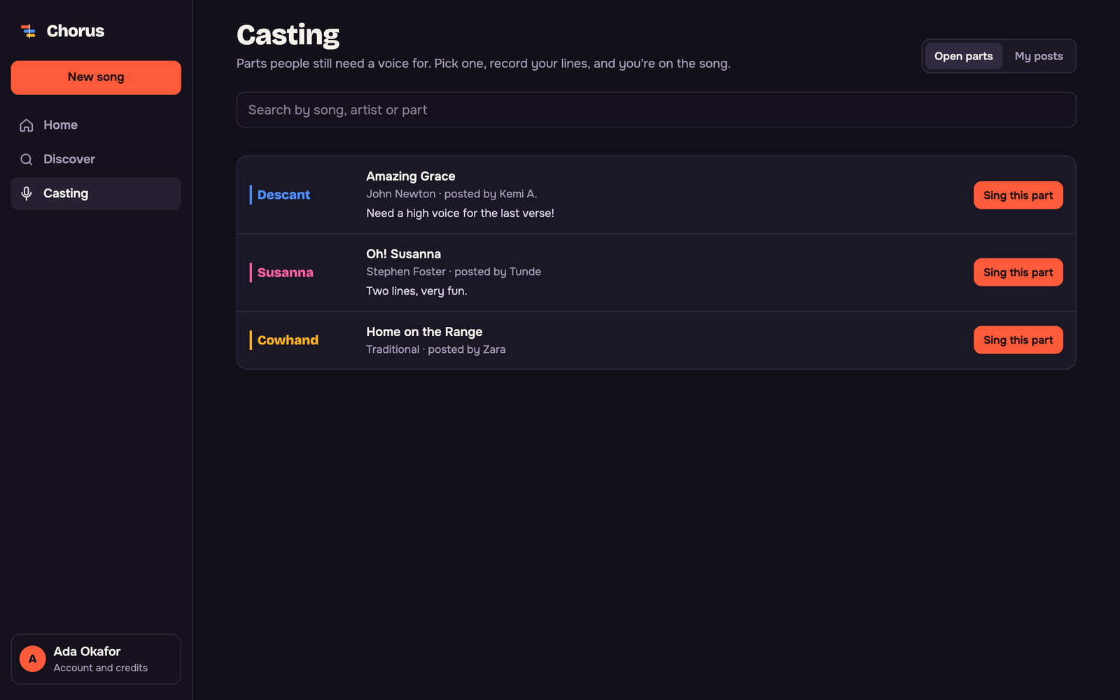Casting board listing open parts people need