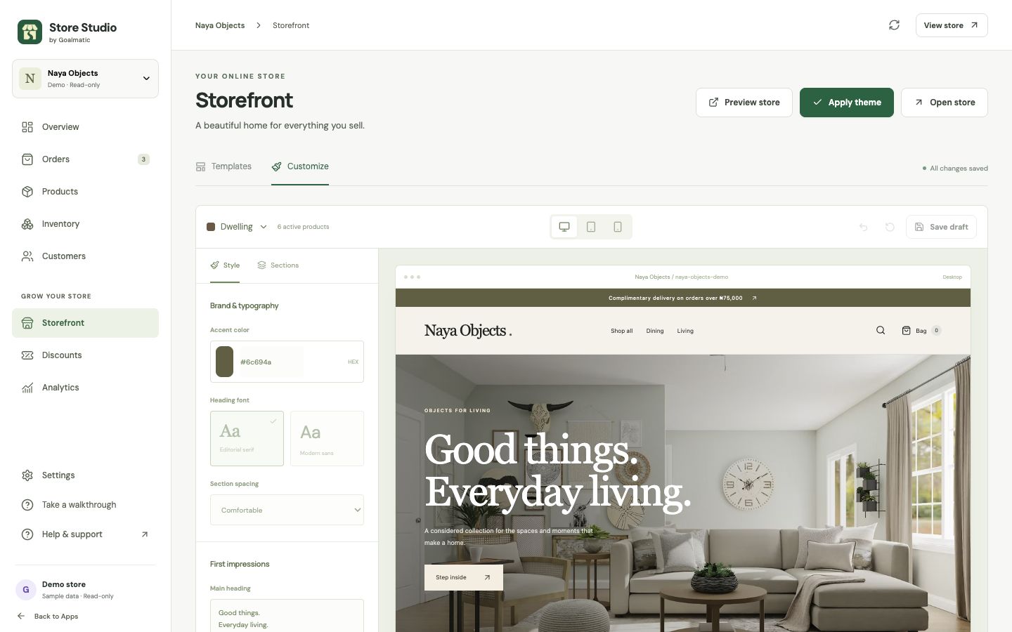 Dwelling template preview with colors, typography, sections, and responsive preview controls.