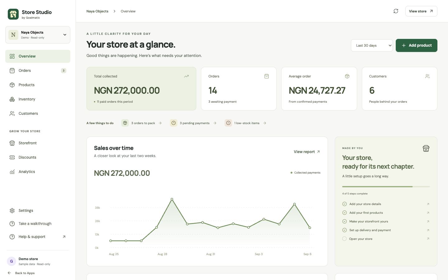 Demo dashboard with sales, orders, customers, low-stock warnings, and setup progress.