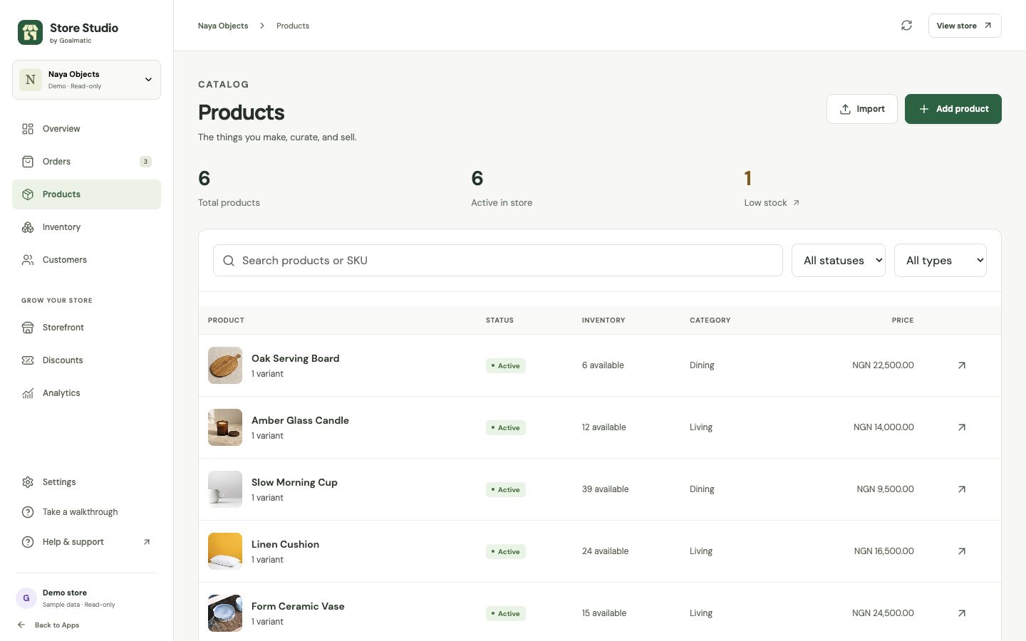 Demo product list with variants, availability, categories, prices, and search.
