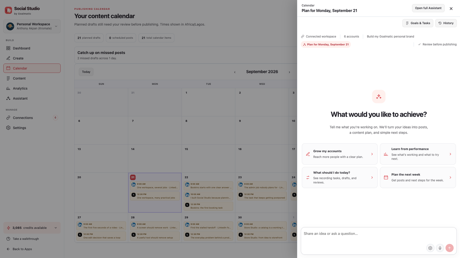 Social Studio calendar assistant screenshot