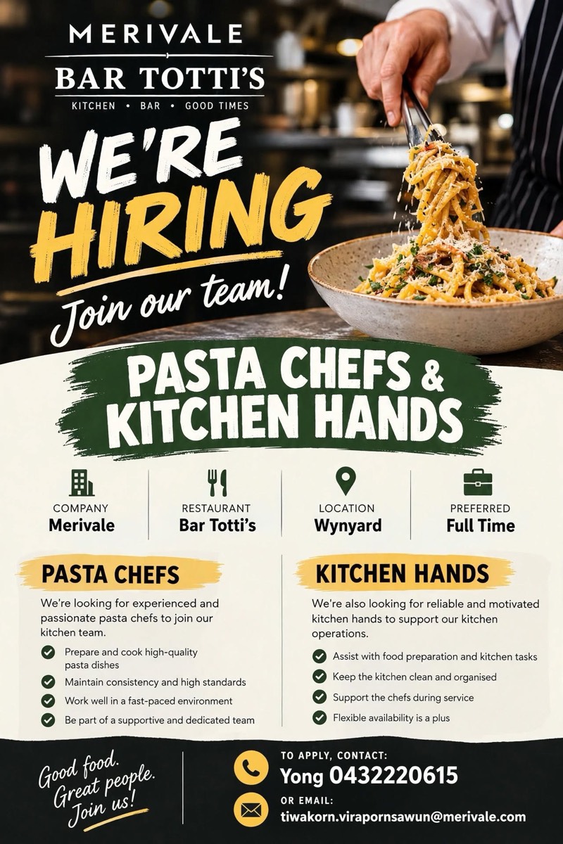 รับสมัคร chef , kitchen hand สนใจติดต่อได้ครับ