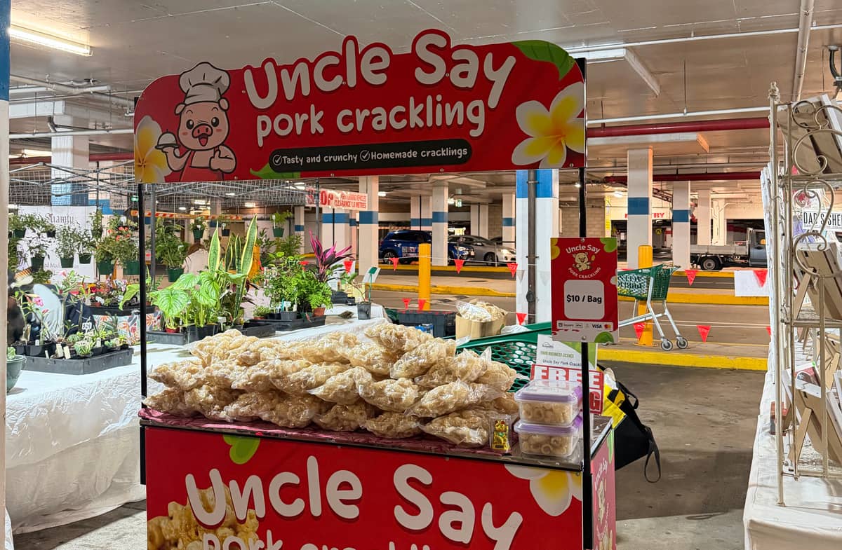 Uncle say pork crackling — Market stall Rockhampton QDL 4700