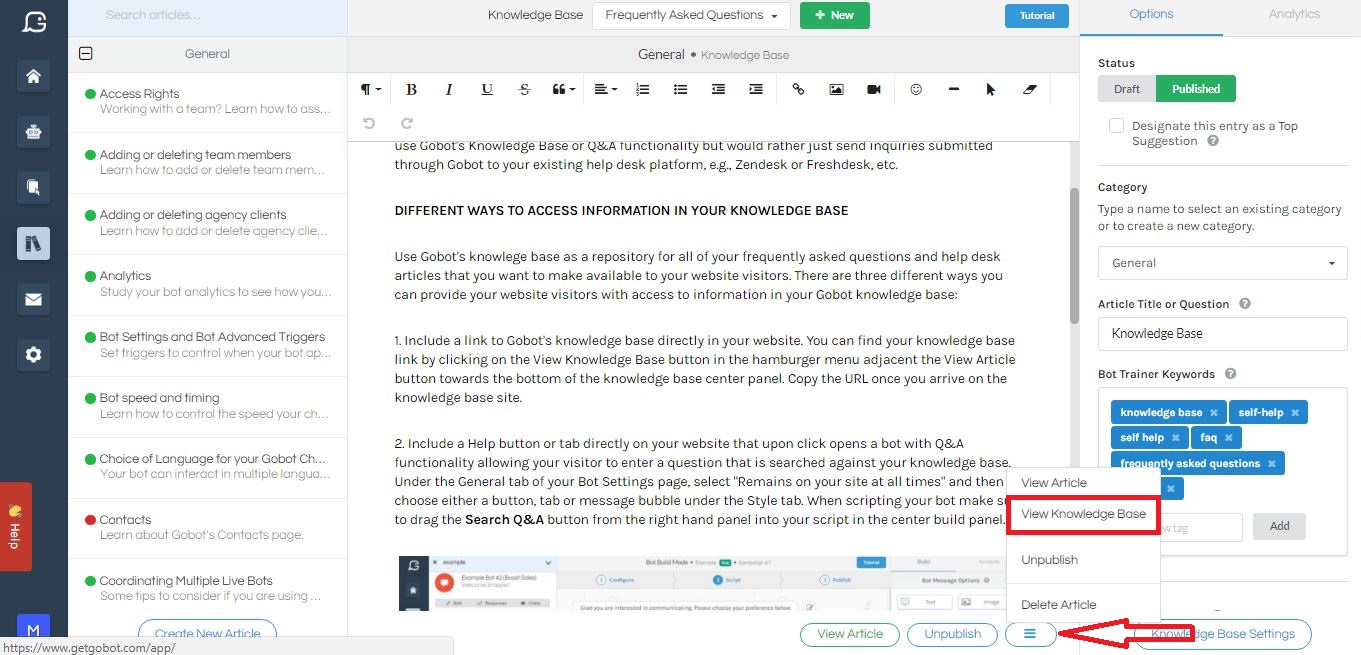 Gobot's knowledge base article editor