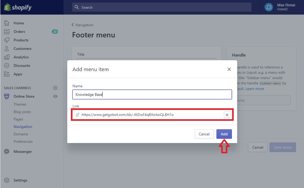 Linking your Gobot knowledge base or help center to your shopify website