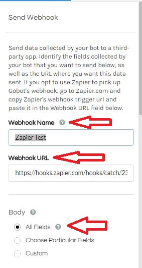 Gobot webhook right hand panel in bot build mode
