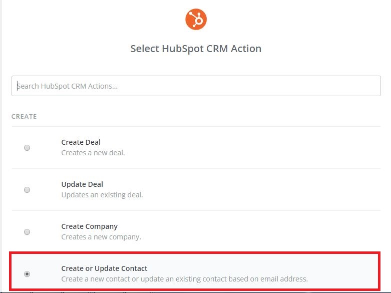 Zapier select Hubspot CRM action screen