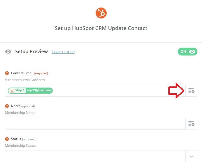 Zapier set up Hubspot CRM Update Contact screen