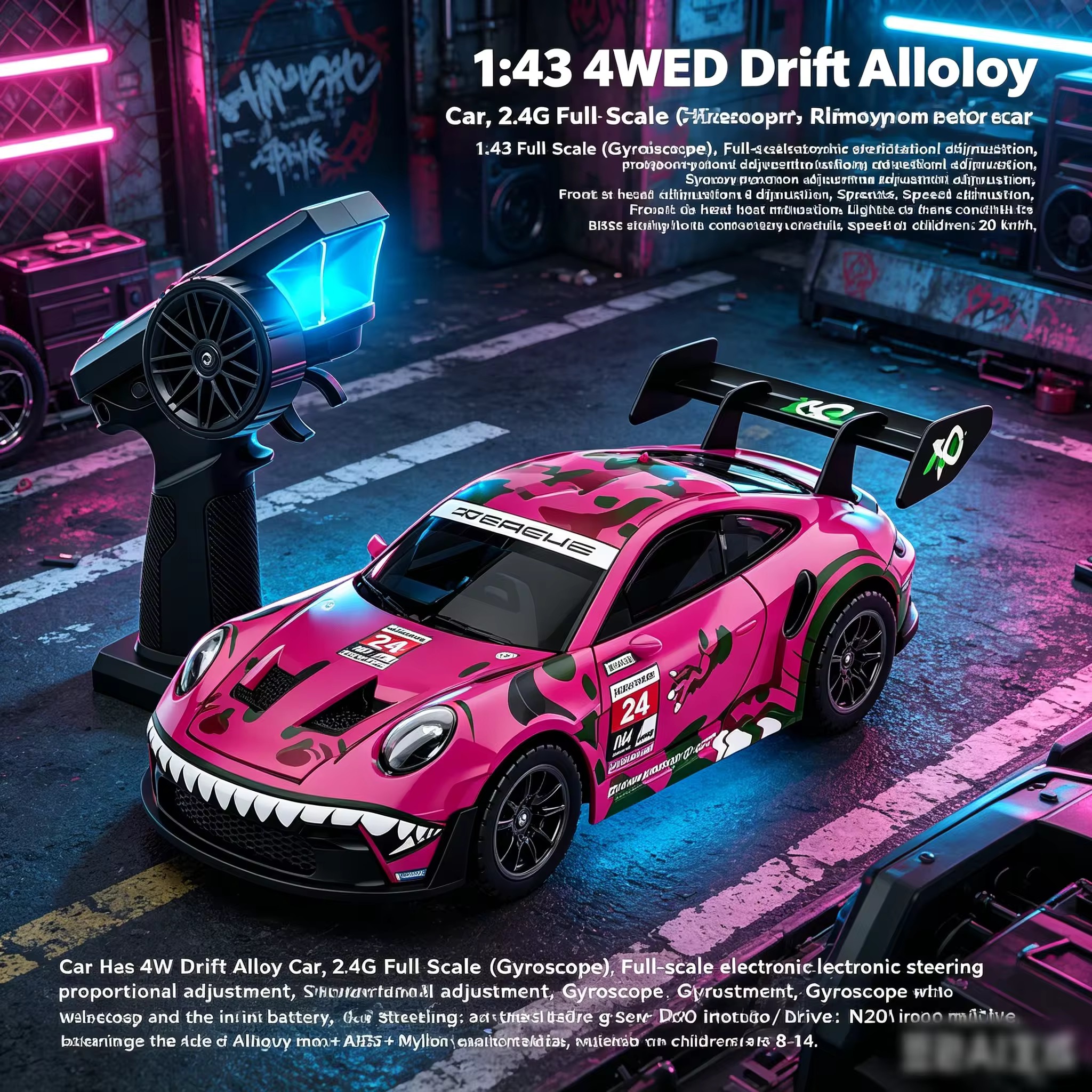 1:43 4WD Gyro RC Drift Car — 911 GT3 RS Dinosaur Edition