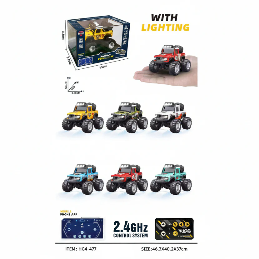 1:64 Mini RC Monster Truck — App + 2.4GHz, LED Lights — Metal