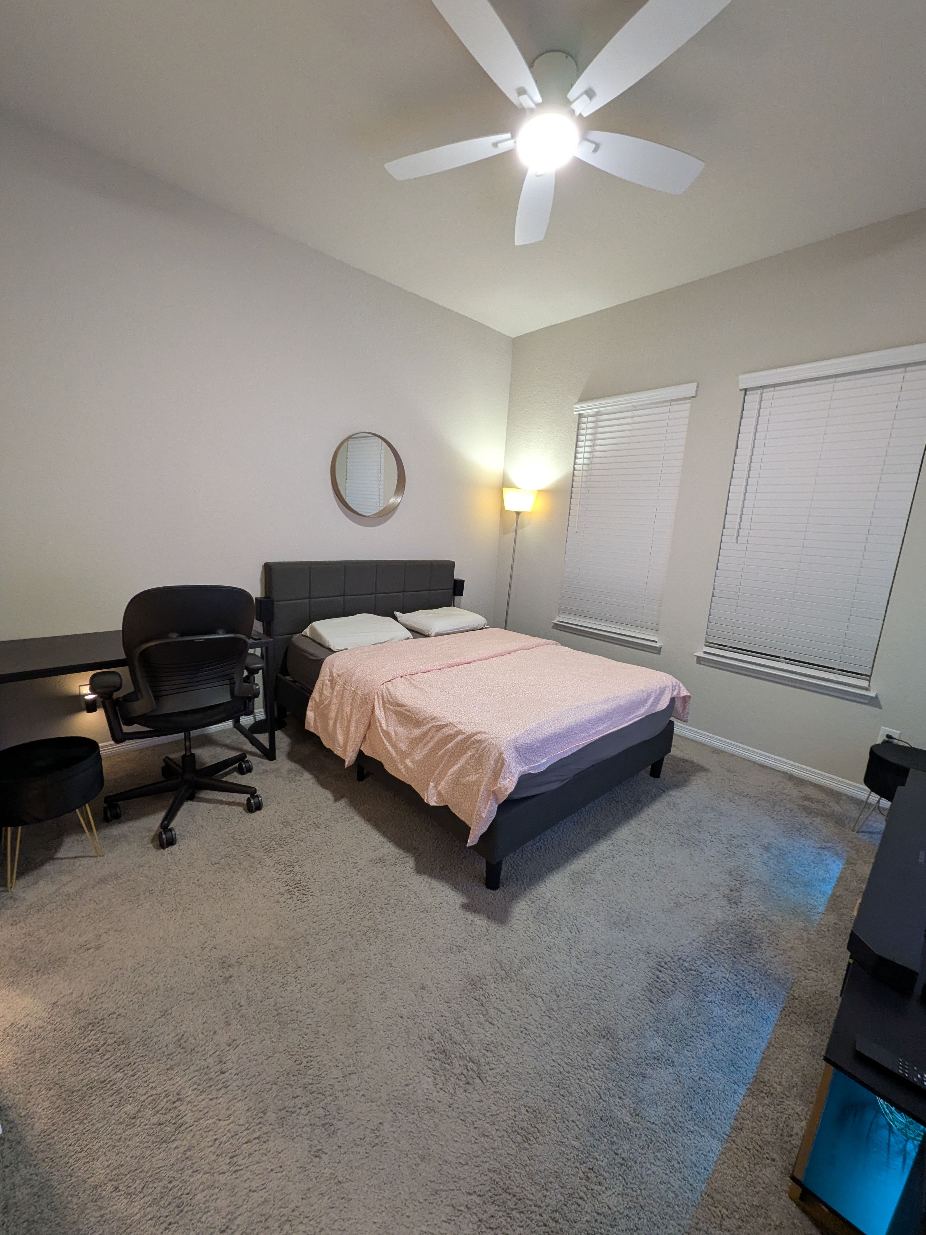Furnished private bedroom with En Suite bathroom and walk in closet, dedicated parking