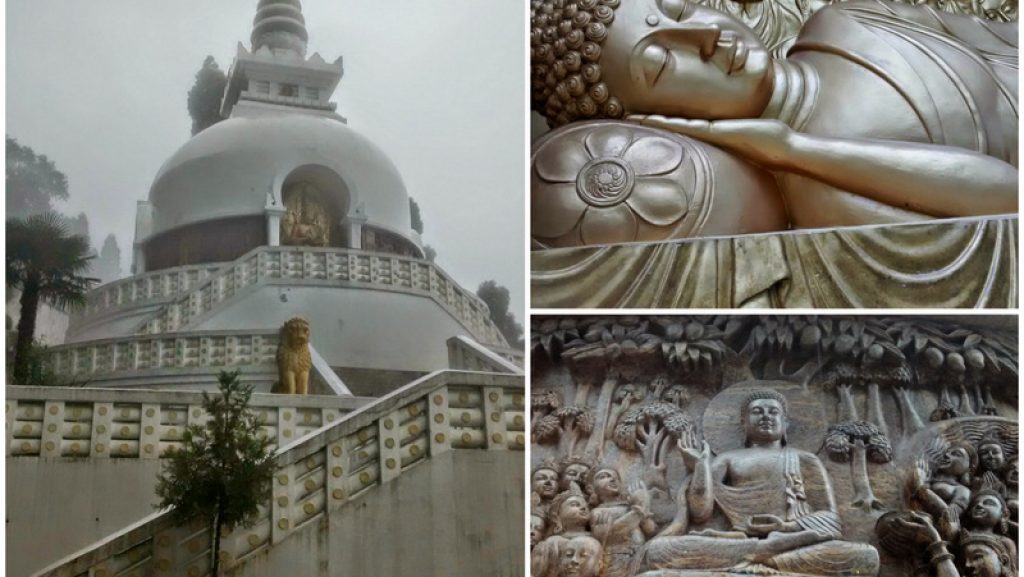 The stunning white Peace Pagoda in Darjeeling against a blue sky