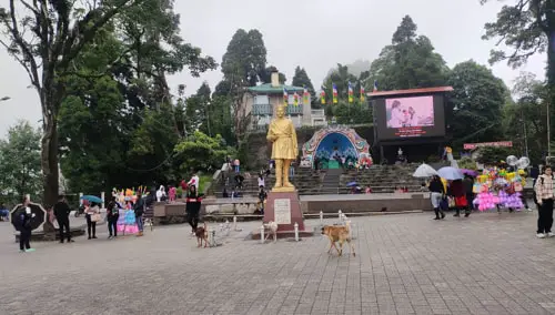 A vibrant evening view of Darjeeling Mall Road (Chowrasta) with tourists and locals