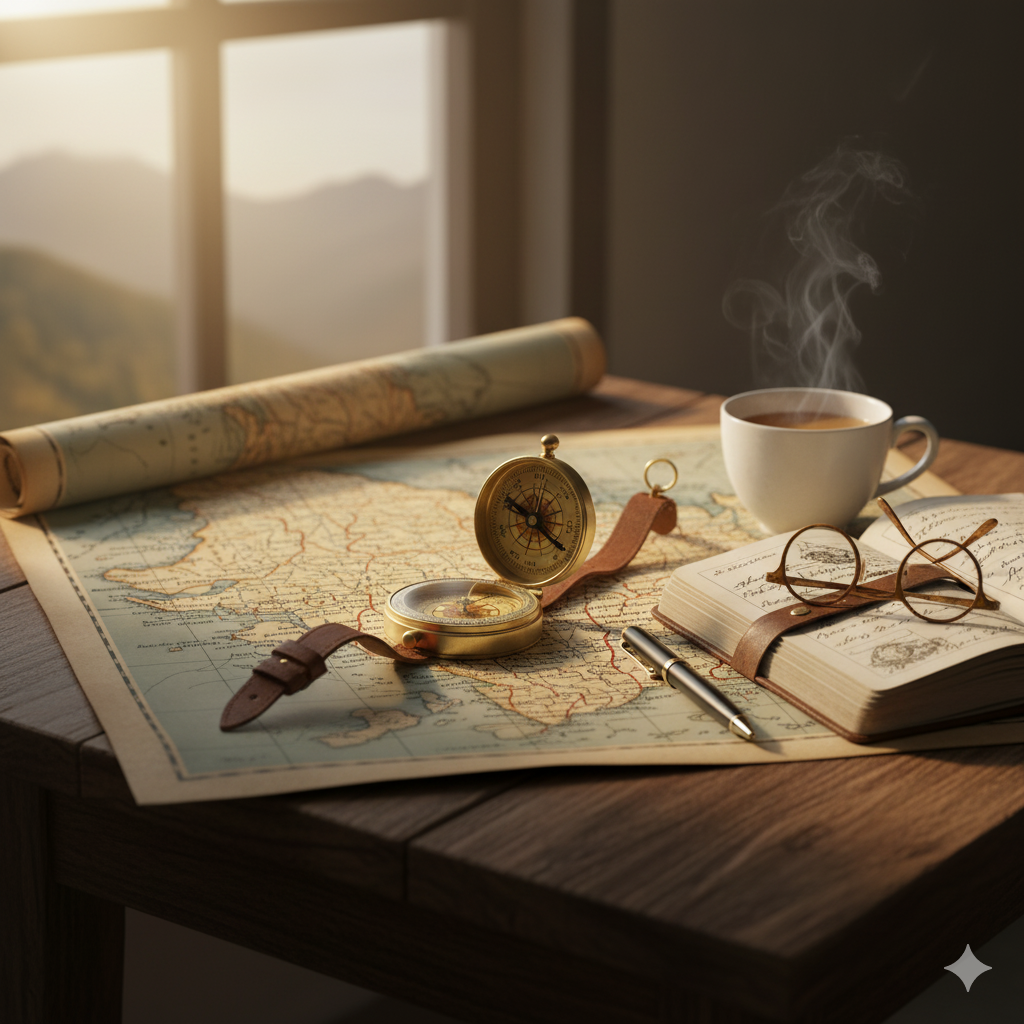 A map and compass on a wooden table, symbolizing travel planning