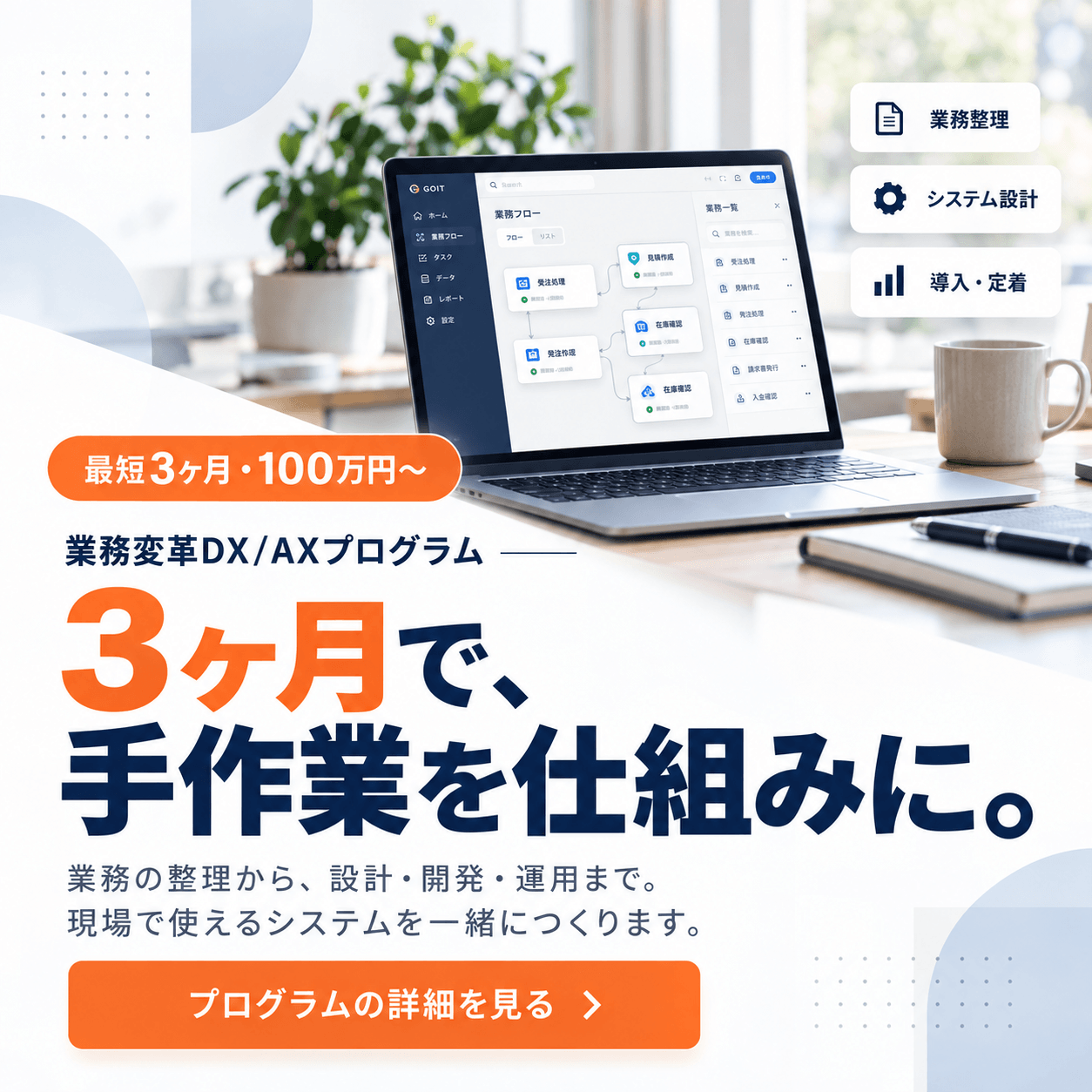 業務変革DX/AXプログラム｜3ヶ月で、手作業を仕組みに。最短3ヶ月・100万円〜。詳細を見る