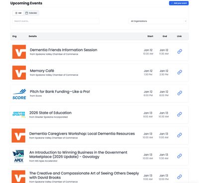 screenshot of Startup Spokane community calendar