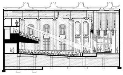 Architectural cross-section of the auditorium showing the balcony, main-floor seating, windows and stage