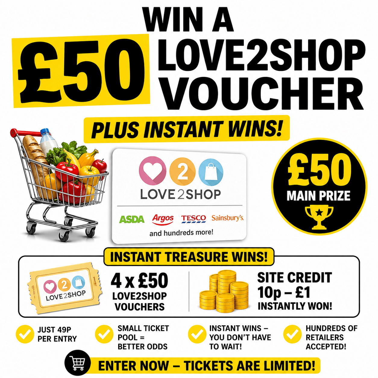 £50 Love2Shop Voucher — the main prize in the Win a £50 Love2Shop Voucher - Plus 4 x £50 Voucher Instant Wins competition