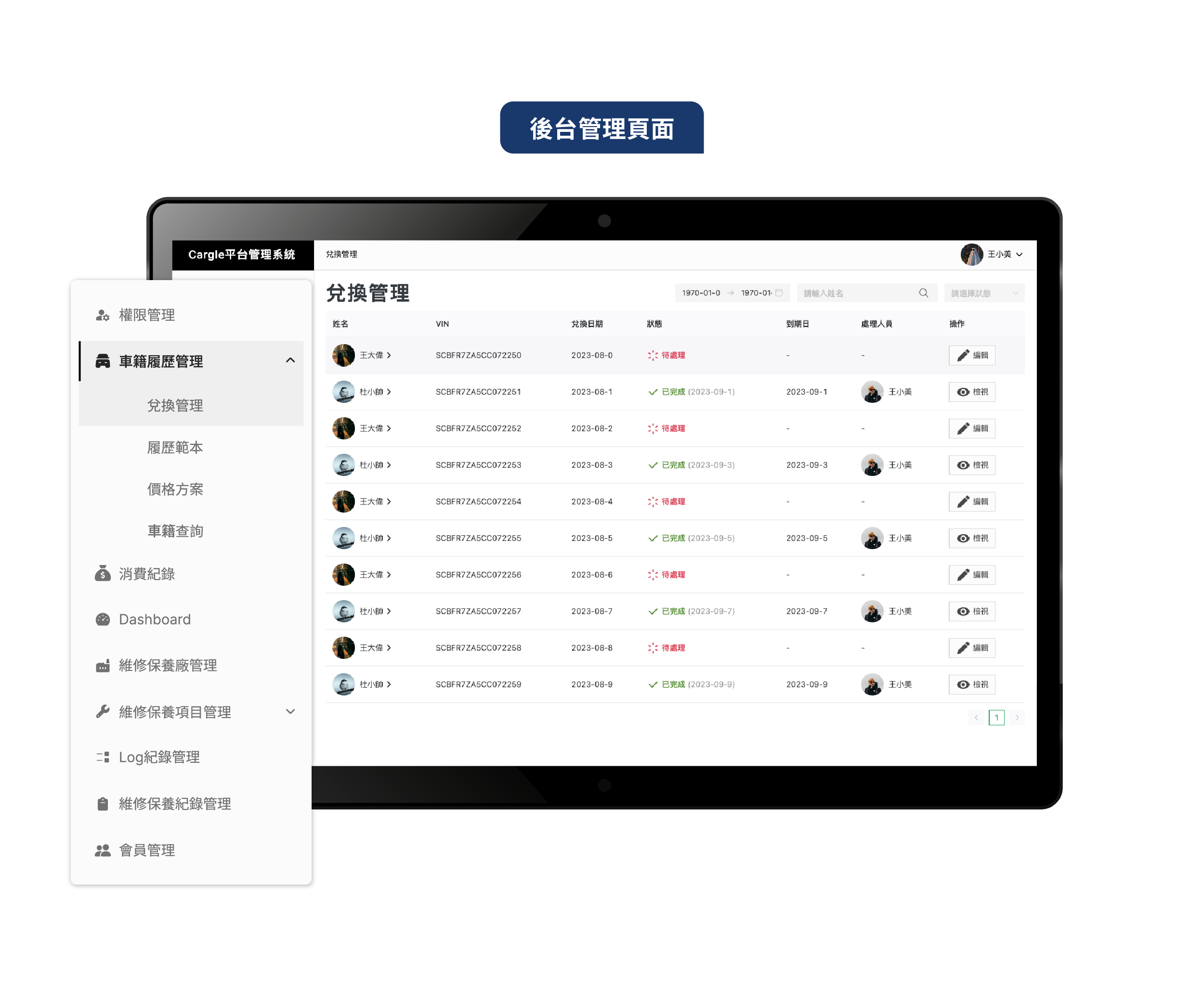 汽車修理及保養業應用資訊系統實際案例後台畫面