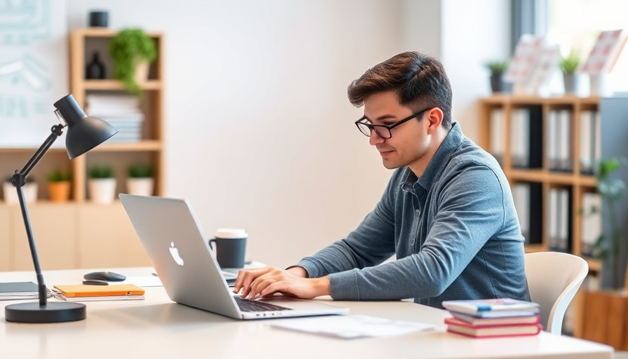 A person sitting at a desk with a laptop, studying and working on a project. The scene is well-lit and shows a modern, c