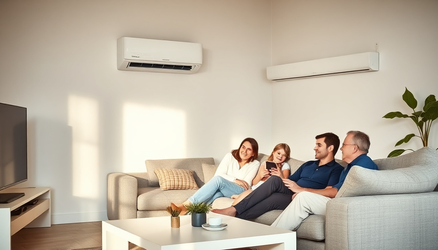 A modern living room with a family relaxing on a couch, a sleek Samsung and LG air conditioner visible in the background