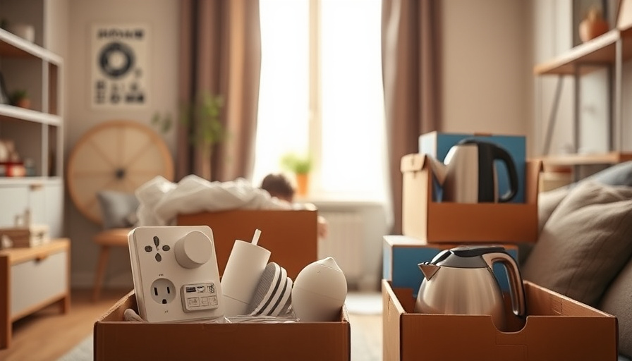 A cozy and well-lit small apartment living space. A person is unpacking boxes with various home essentials. Soft natural