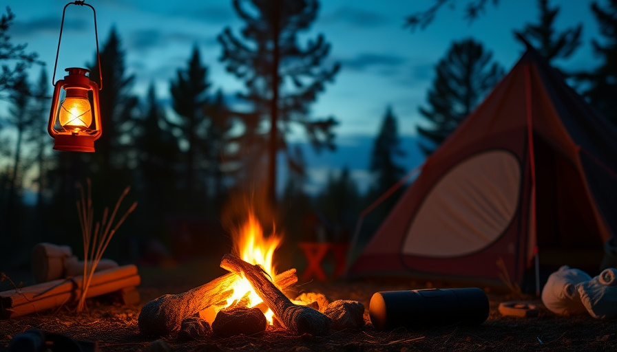 A cozy camping scene at dusk. A warm, inviting campfire is burning, casting a soft glow on a tent and camping gear. A ca