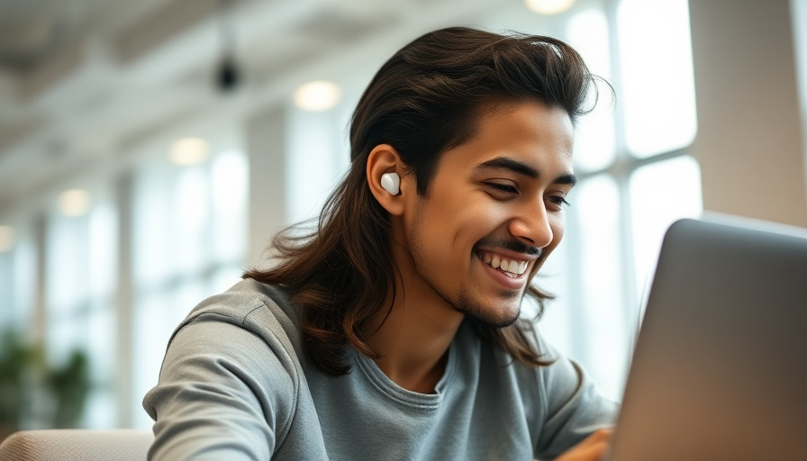 A person wearing wireless earbuds, smiling and looking at a laptop in a bright, modern office. Soft, diffused lighting.