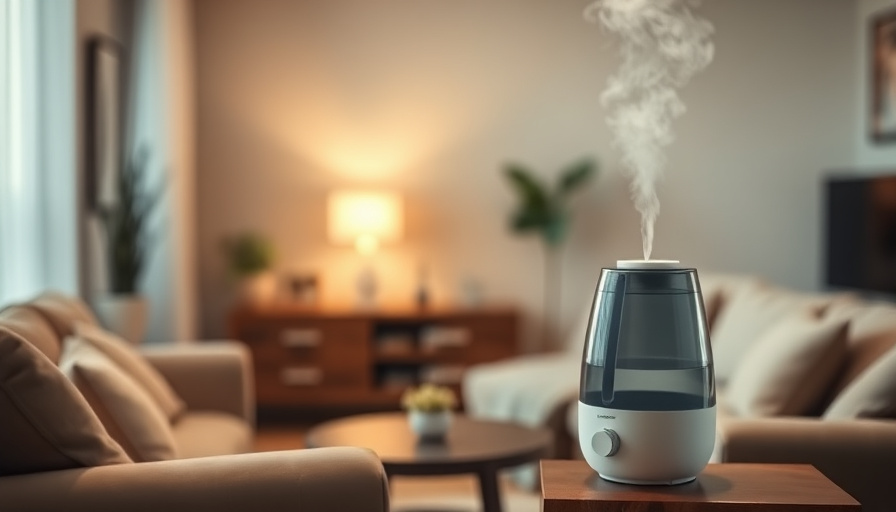 A cozy living room with a humidifier in the corner, soft lighting, and a slightly hazy atmosphere suggesting humidity. F