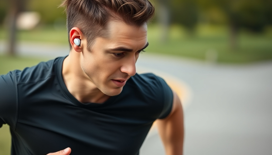 A person running outdoors with wireless earbuds, sweat glistening on their forehead. Dynamic action shot.